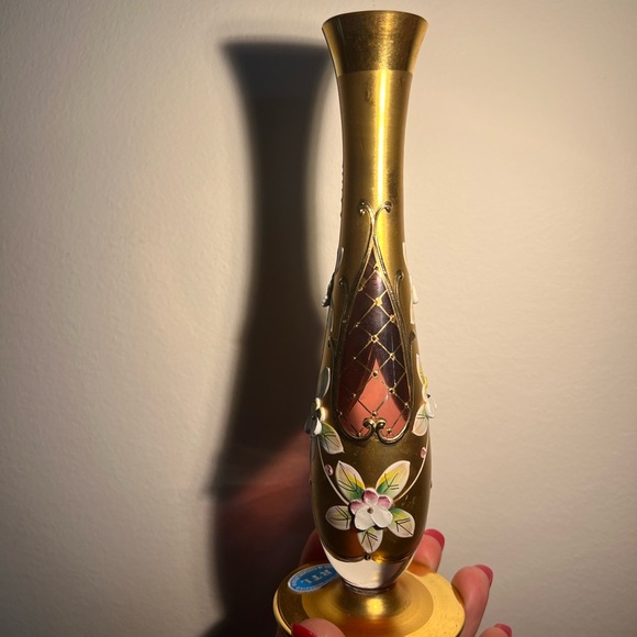 Vintage RTL Bohemian Pink Gold Floral Glass Vase Handmade Hand painted Mcm - Picture 11 of 12